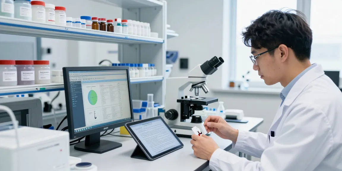 Researcher at Swiss Chems Labs analyzing high-quality peptides and SARMs in a modern laboratory.