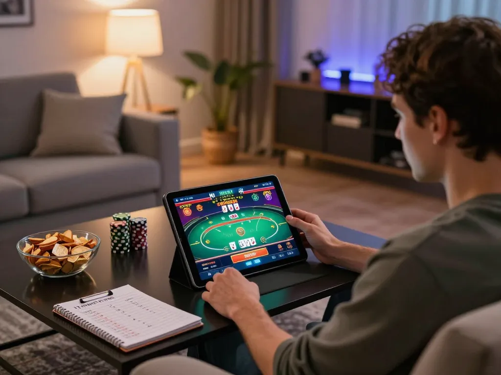 Playing an online poker game on a tablet showcasing KK55 in a cozy home setup with snacks.