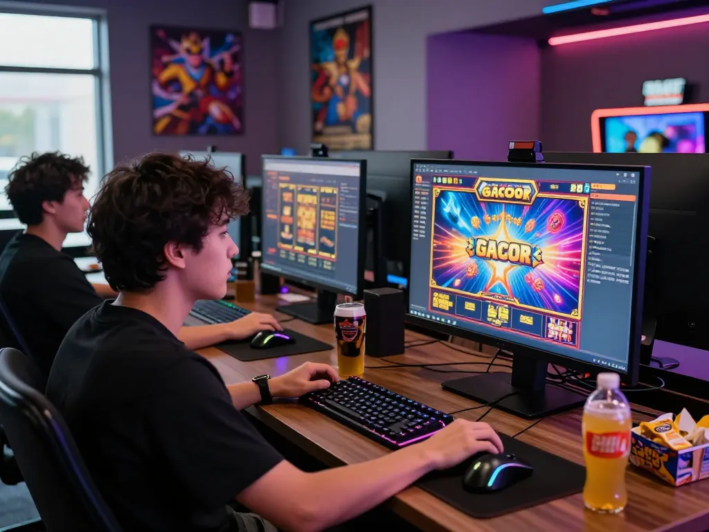Engaging with a slot gacor game in a modern gaming setup, showcasing immersive environment and colorful graphics.