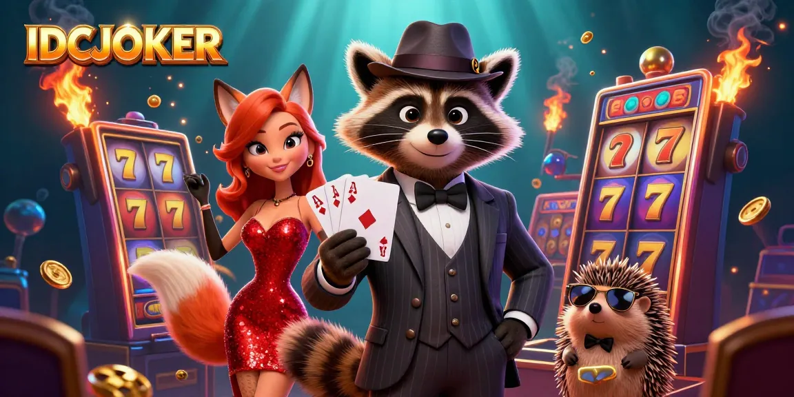 IDCJOKER showcases a vibrant casino scene with a suave raccoon, elegant fox, and a bouncer amidst slot machines.