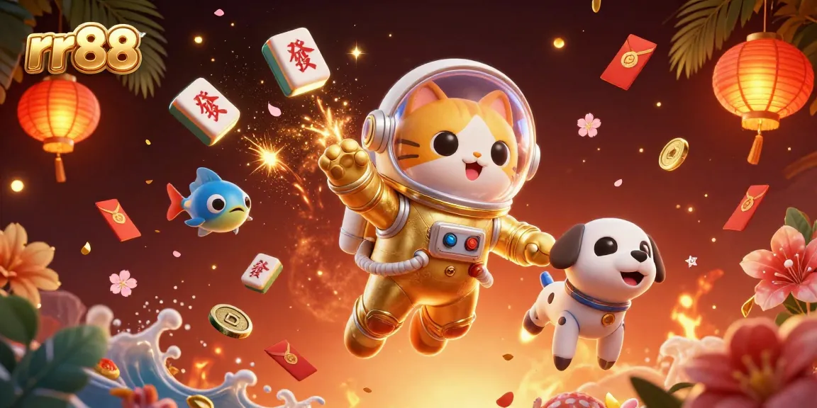 Experience vibrant gaming energy at rr88 as a space astronaut cat and robot dog explore an exciting casino adventure.