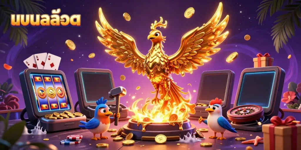 Engage with แบบสล็อต through a vibrant 3D casino scene featuring golden phoenixes and spinning reels.