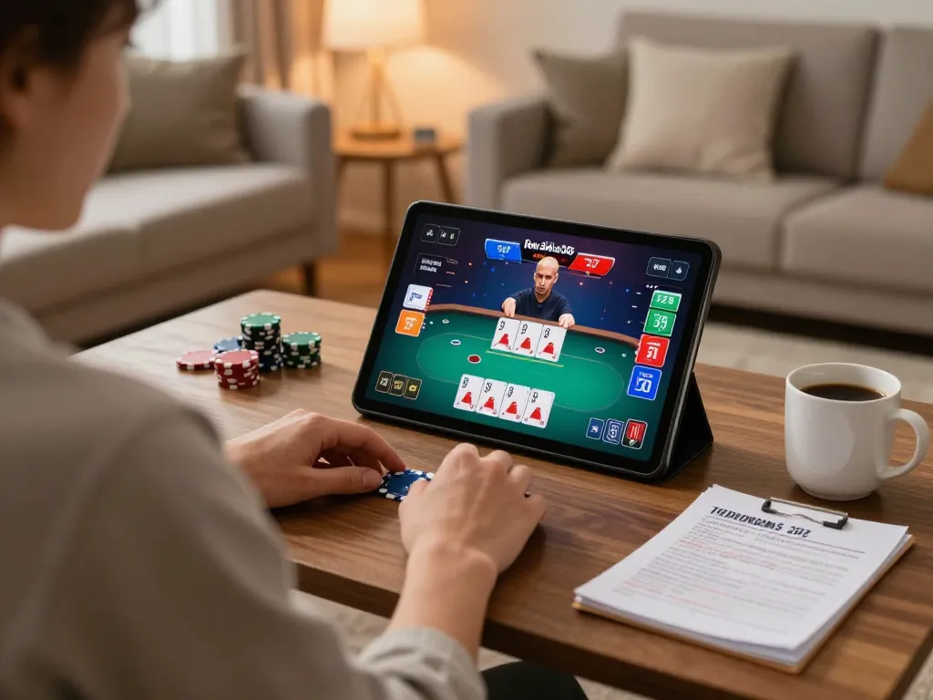 Engaging in a responsible online poker game at home, reflecting hidden wiki 2026 strategic insights