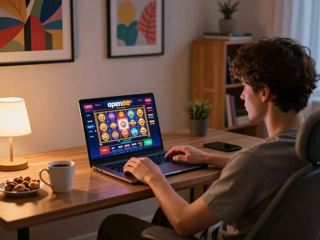 Person enjoying online gaming on open88 platform at home, showing laptop screen with casino interface.