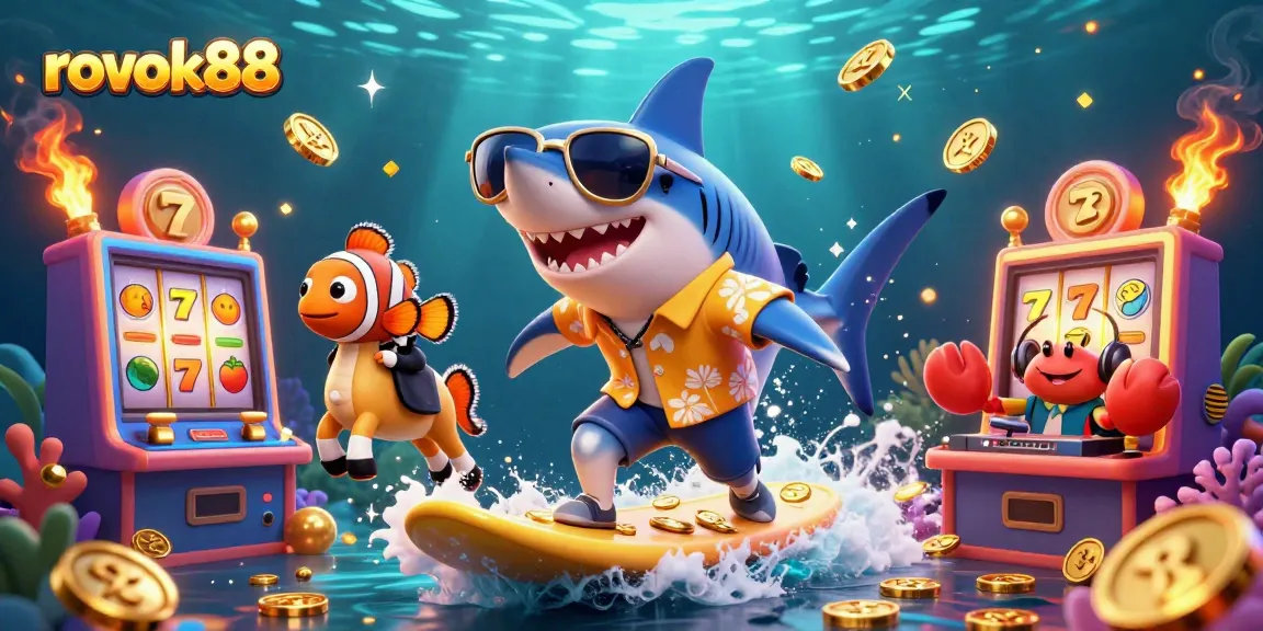 Experience thrilling play at rokok88 with a shark surfing on coins and vibrant slot machines.