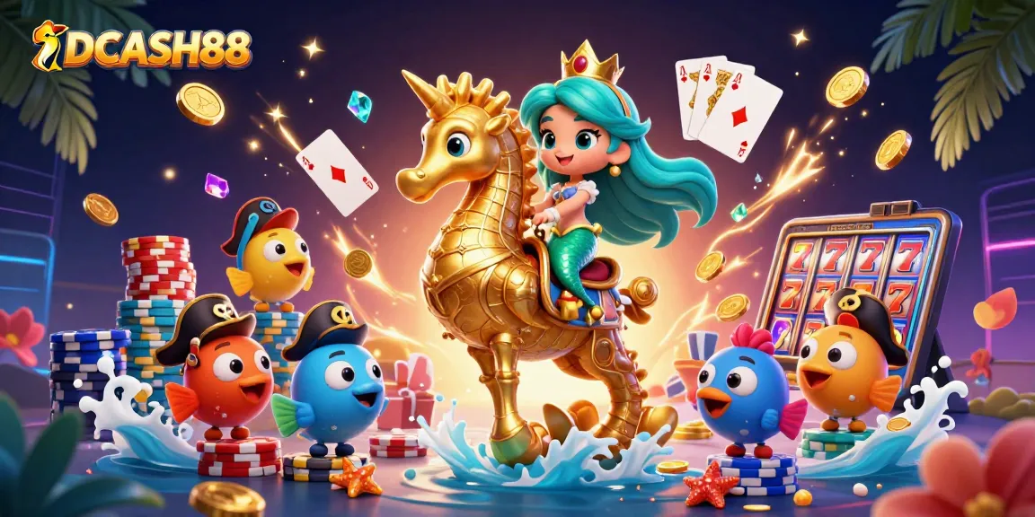 Spin big winnings with IDCASH88 in a vibrant underwater casino adventure featuring mermaids and treasure.