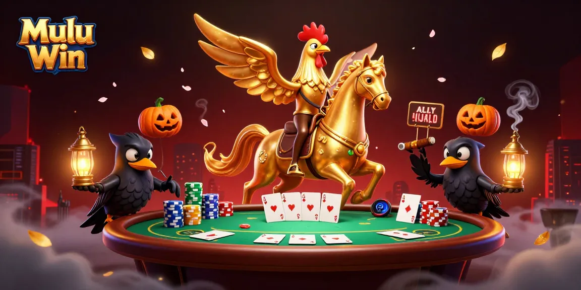 Mulu Win offers thrilling poker experiences as a golden rooster rides through a vibrant casino.