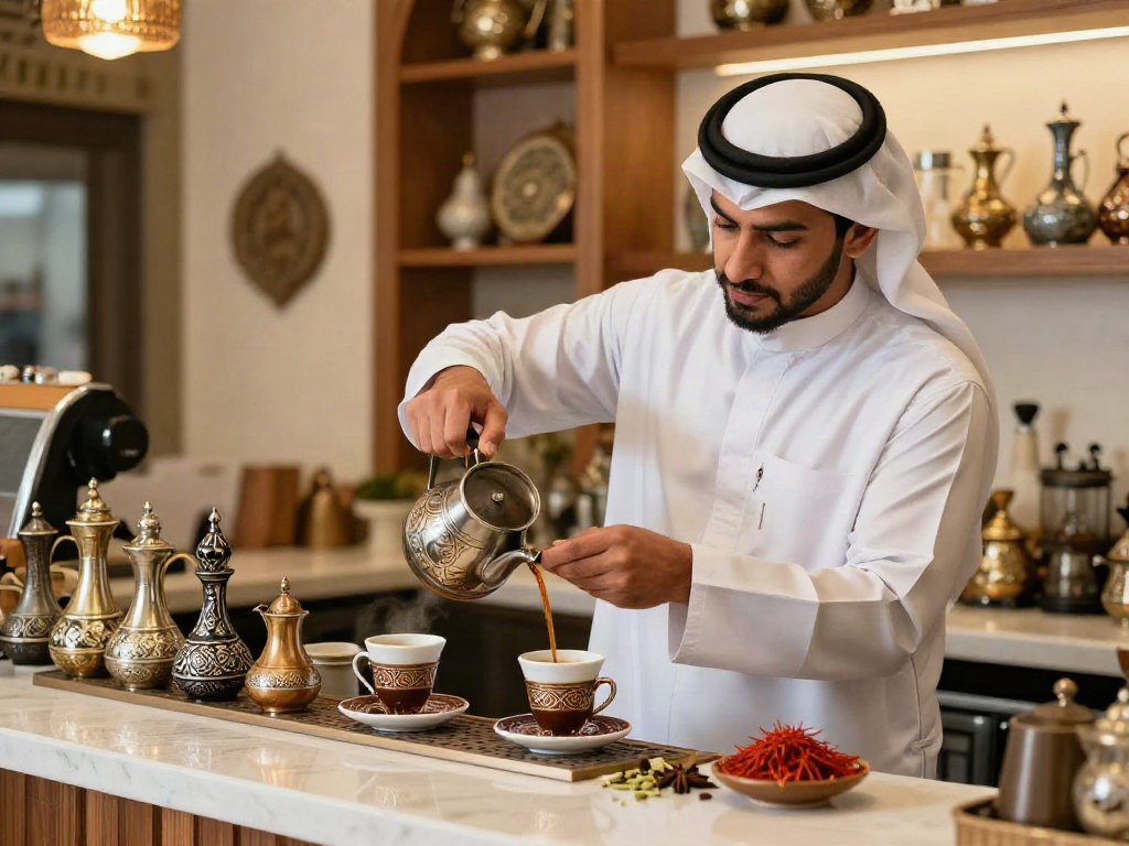 قھوجي وصبابین بالریاض - بارستا يصب القهوة العربية الطازجة في كؤوس مزخرفة وسط أجواء دافئة في مقهى تقليدي.