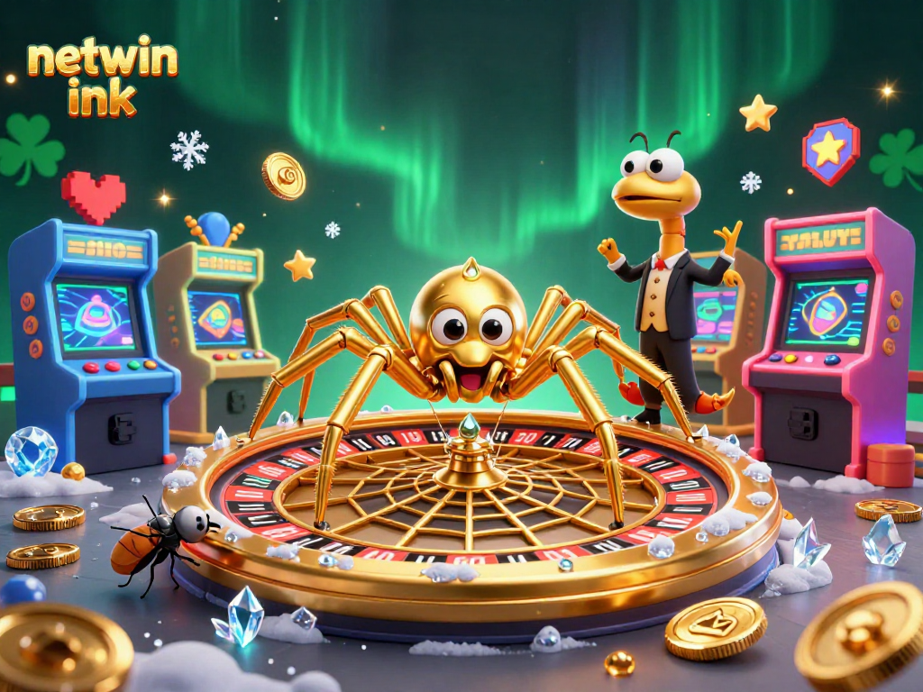 Experience thrilling bets at netwin ink with a golden spider and roulette wheel in a vibrant 3D scene.