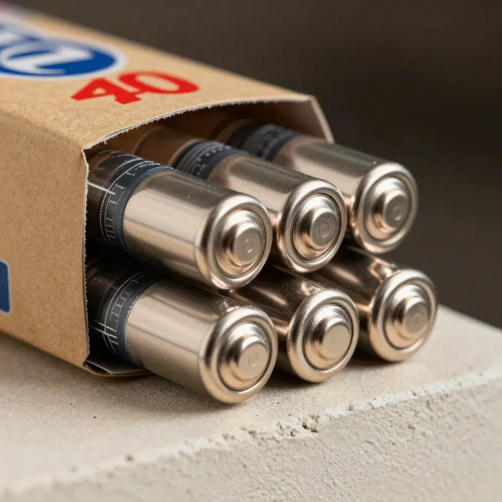 Macro of an opened AAA battery pack with cells fanned on a pale plaster ledge.