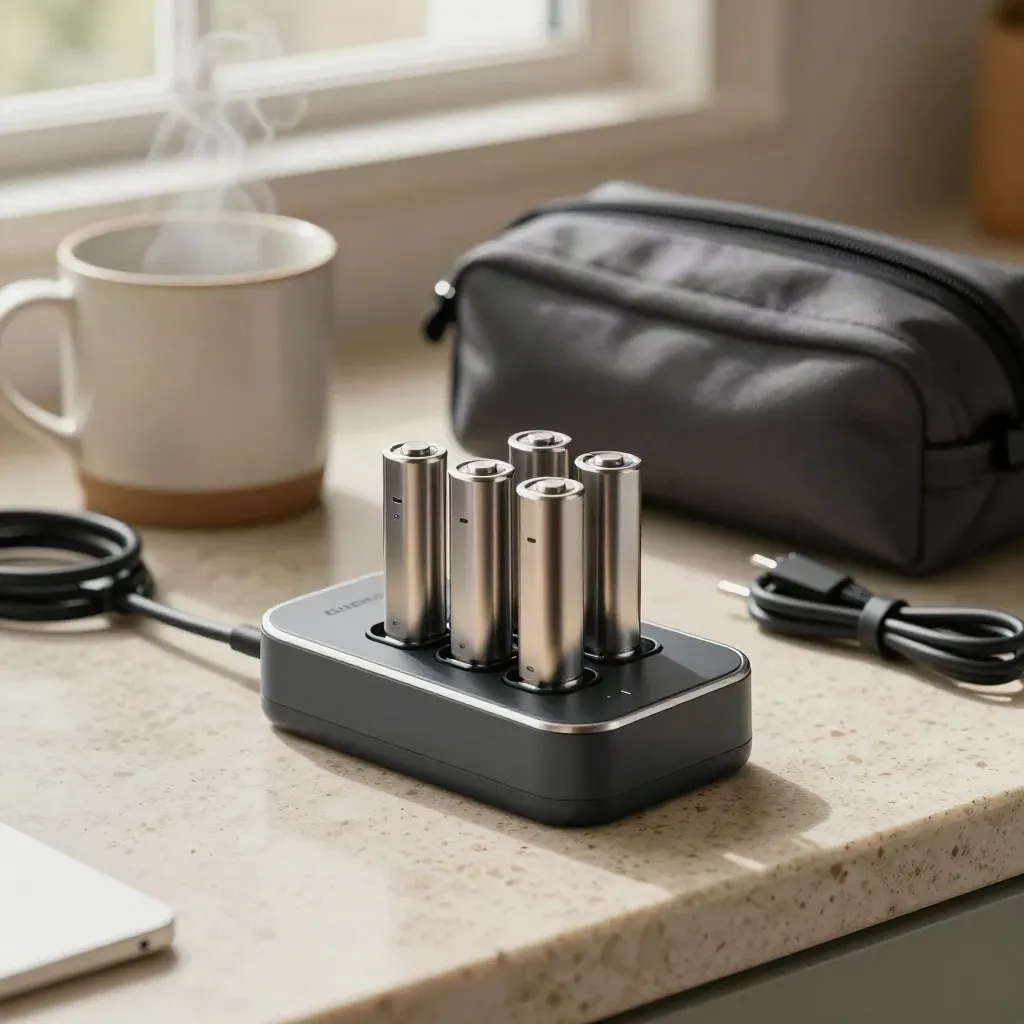 Rechargeable AA charger, spare cells, pouch, mug and cable on a travertine counter in soft steam.