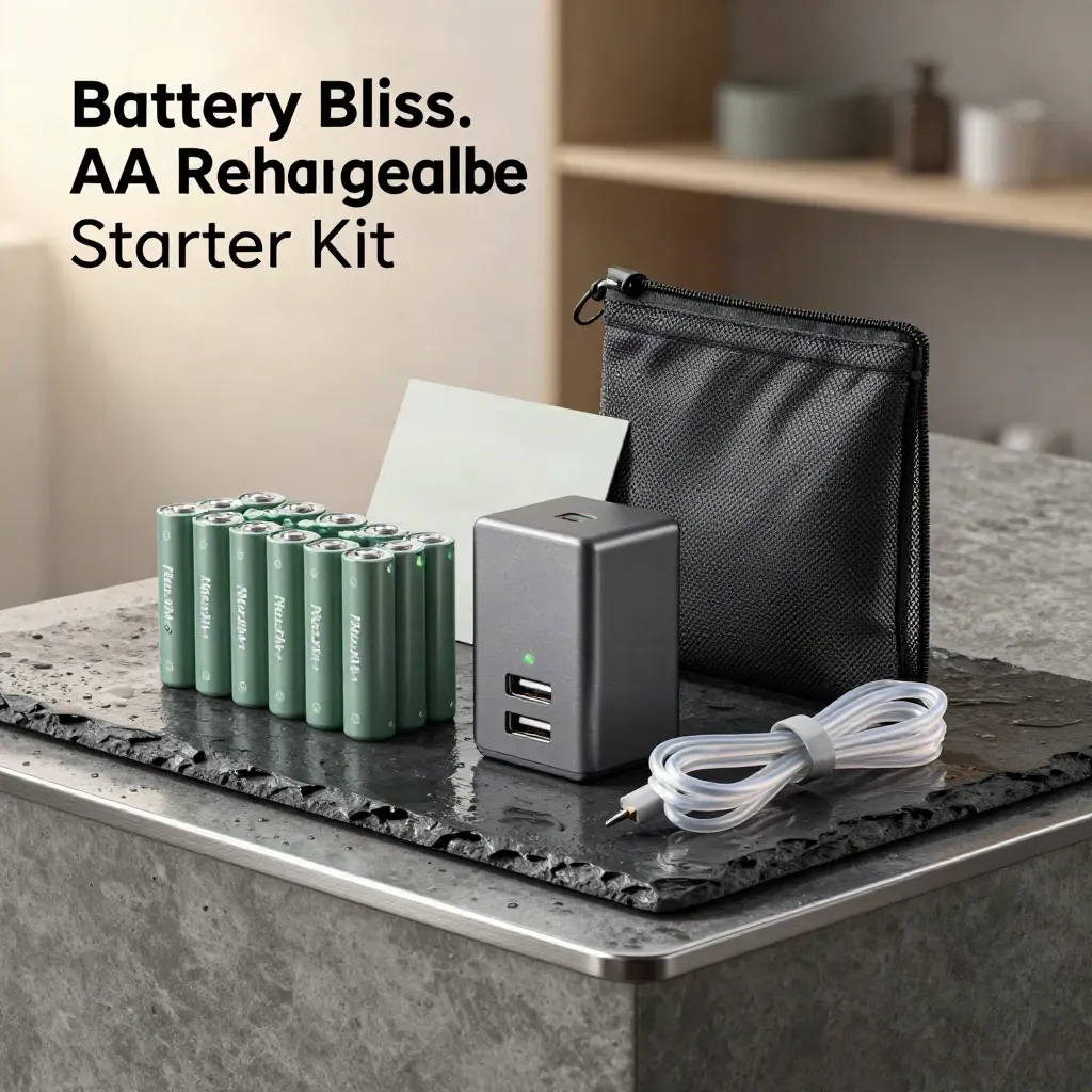 Rechargeable AA starter kit with charger, cells, pouch and cable on rain-damp stone at dawn.