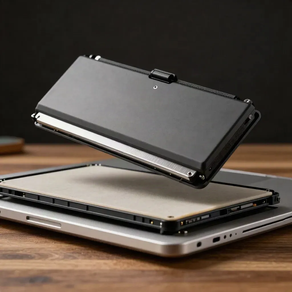 Laptop battery pack poised above an open laptop chassis with screws and foam