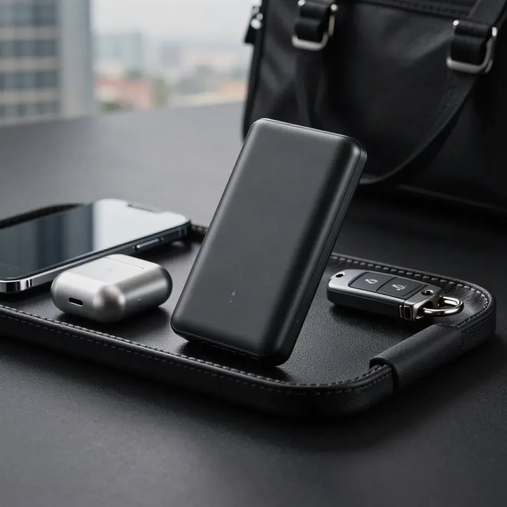 Power bank with face-down phone, earbuds and car key on a leather tray in moody studio light.