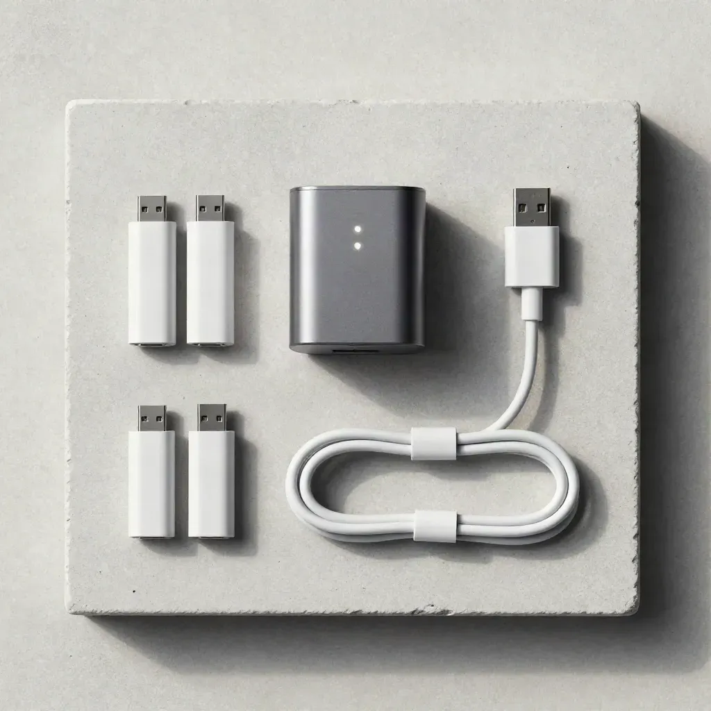 Top-down USB-C battery charger with two AA cells, cable and adapter on pale concrete.