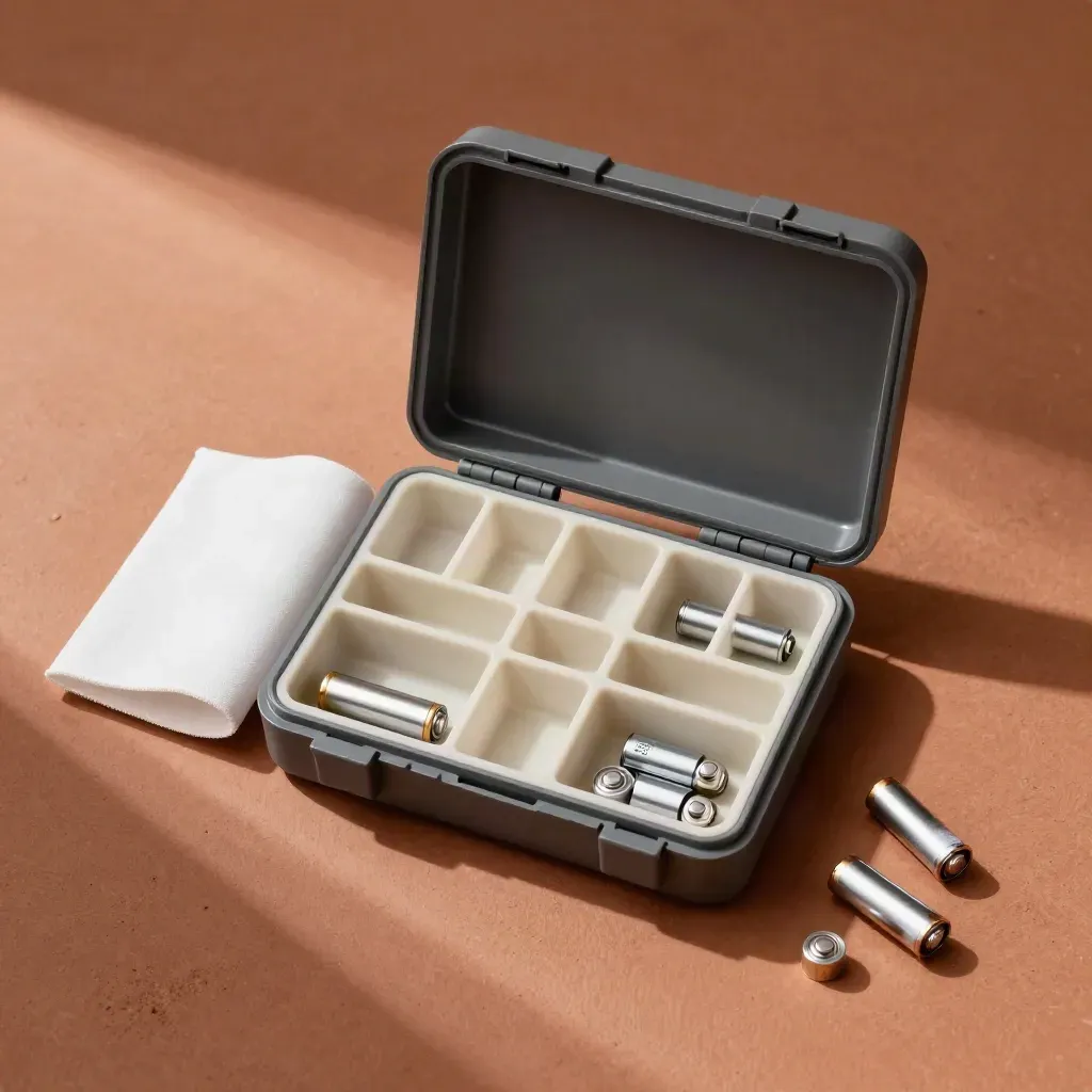 Top-down battery organizer kit with open case, AA and AAA cells, divider tray and soft pouch.