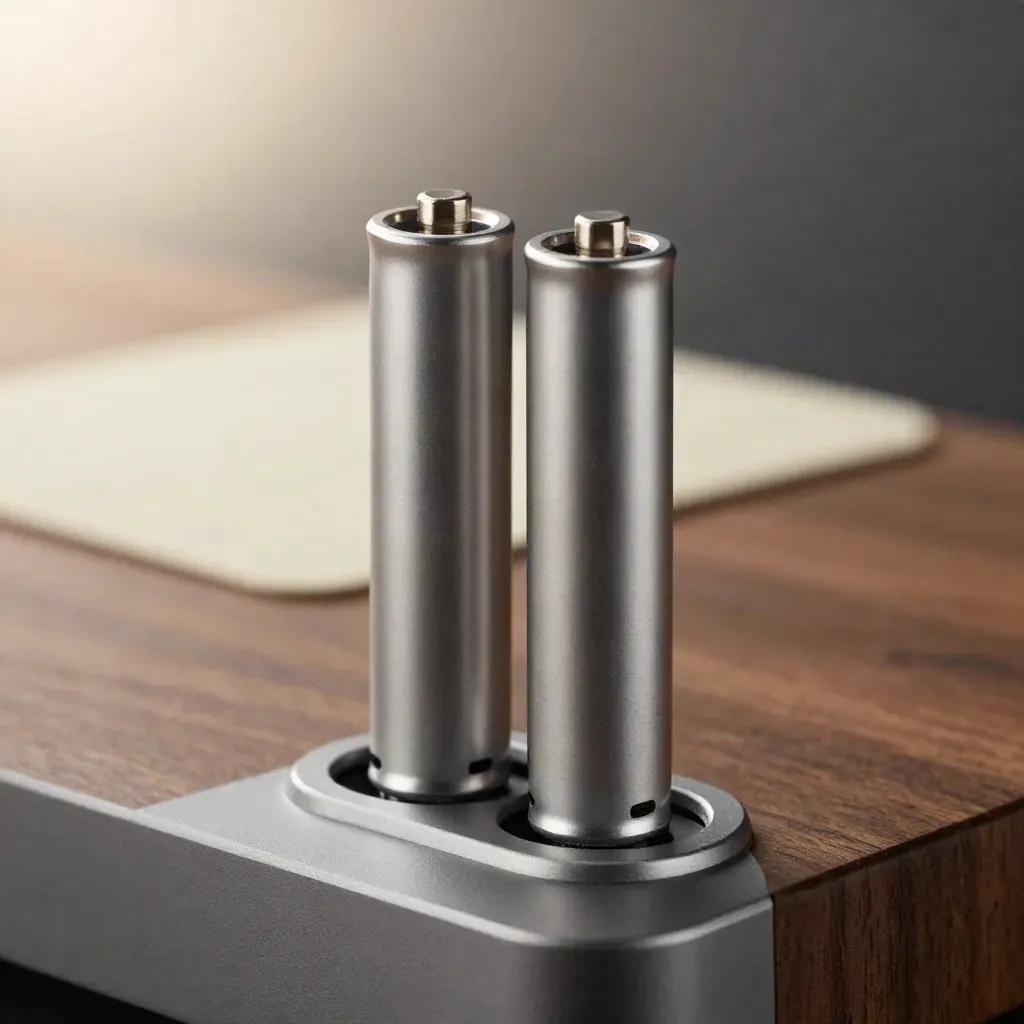 Two AAA rechargeable cells in a slim charger base on warm walnut wood, extreme macro.
