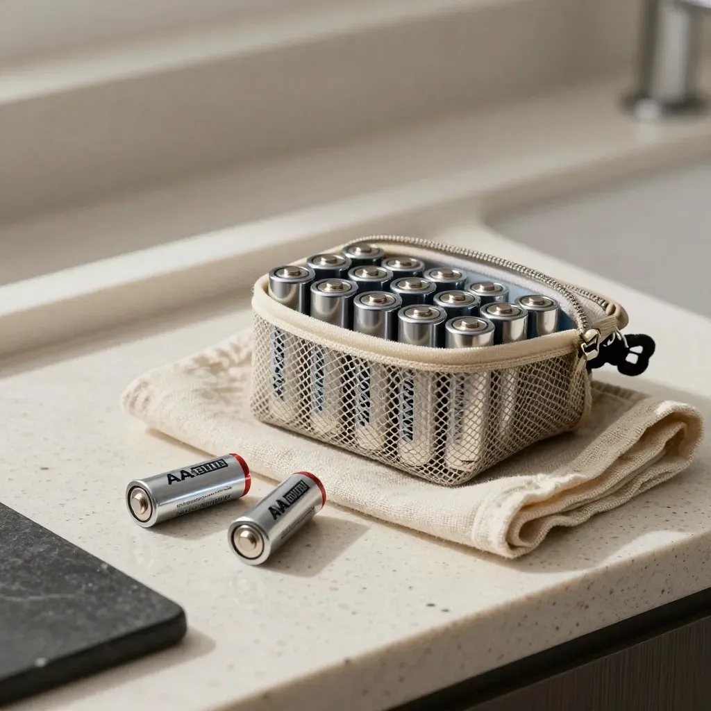 Opened AA batteries on travertine with linen cloth and soft haze.