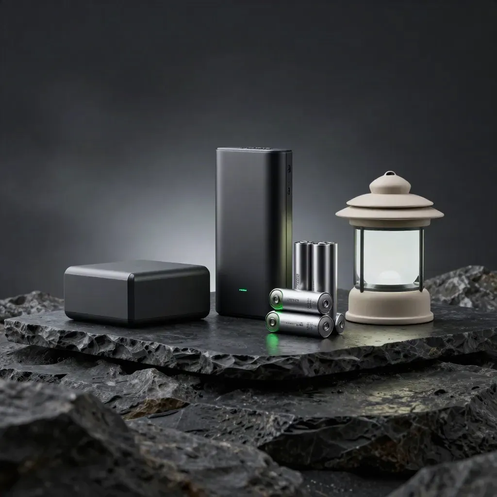 Backup charger, power bank, spare batteries, and lantern on dark stone with dramatic green-accent light.
