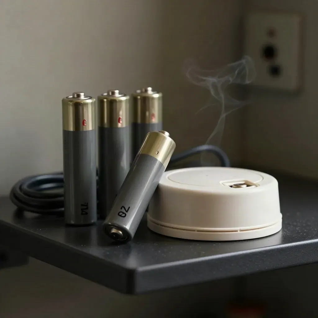 Smoke alarm battery pack with detector base and coiled cable on a dark shelf