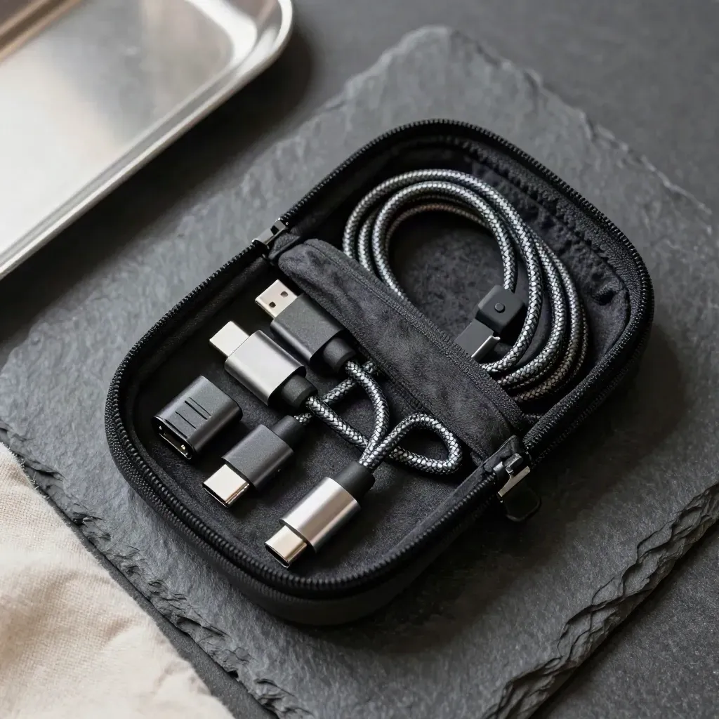 Top-down opened travel pouch with braided cables and adapters on a slate surface
