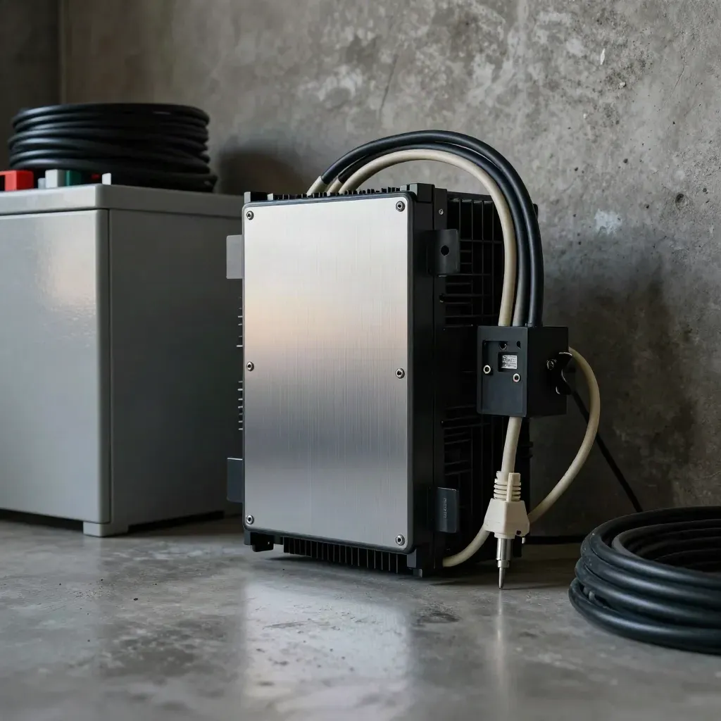 Solar charge controller with bundled cables on concrete, lit by a cool rim in a dim utility nook.