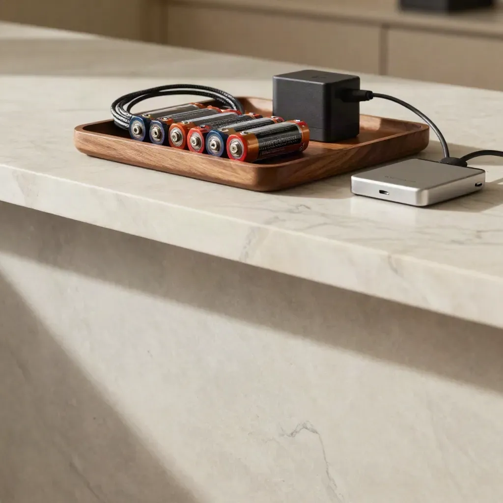 Rechargeable battery packs and a charger resting on a sunlit marble counter