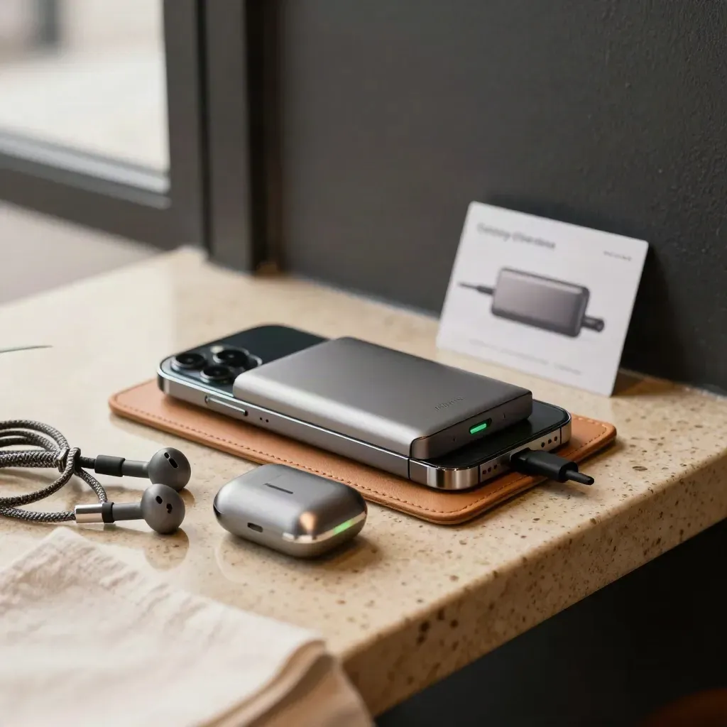 Unbranded magnetic power bank snaps to a phone on leather beside cable and earbuds
