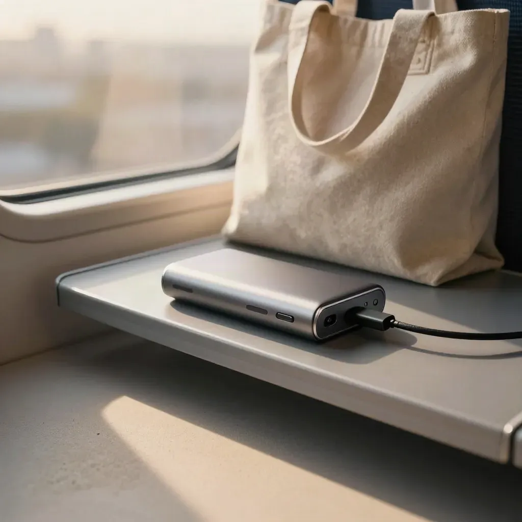 Portable power bank and cable on a sunrise train window ledge beside a blurred tote.