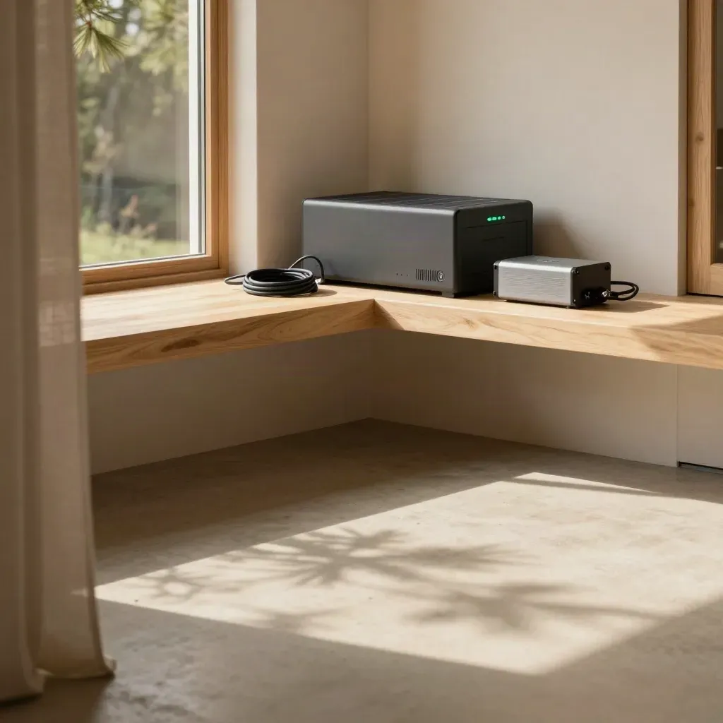Solar storage pack and inverter in a quiet cabin corner with daylight and concrete floor