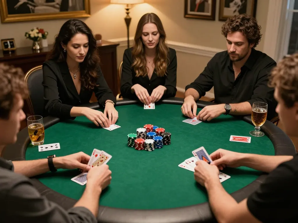 Jae888 players strategizing during a lively home poker game with vibrant chips and cards