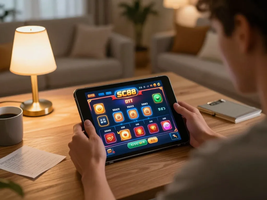 Player enjoying SC88 online casino game on tablet in cozy home setting