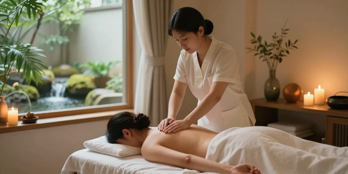 Relaxing 부산스웨디시 massage session in tranquil spa environment with candles and green plants.