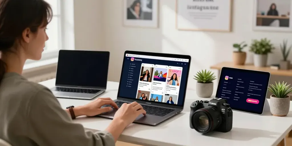 Viewing Instagram stories using Insanony on a laptop in a stylish home office.