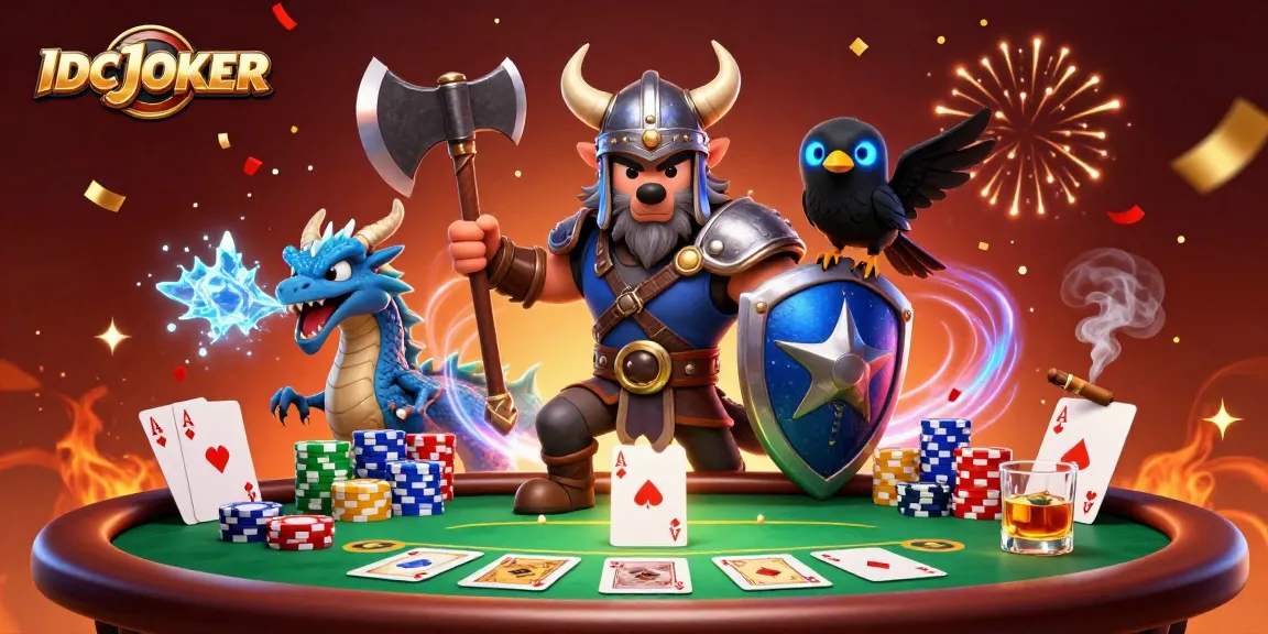 Experience thrilling gameplay at IDCJOKER with poker champions and dynamic casino elements in a colorful scene.