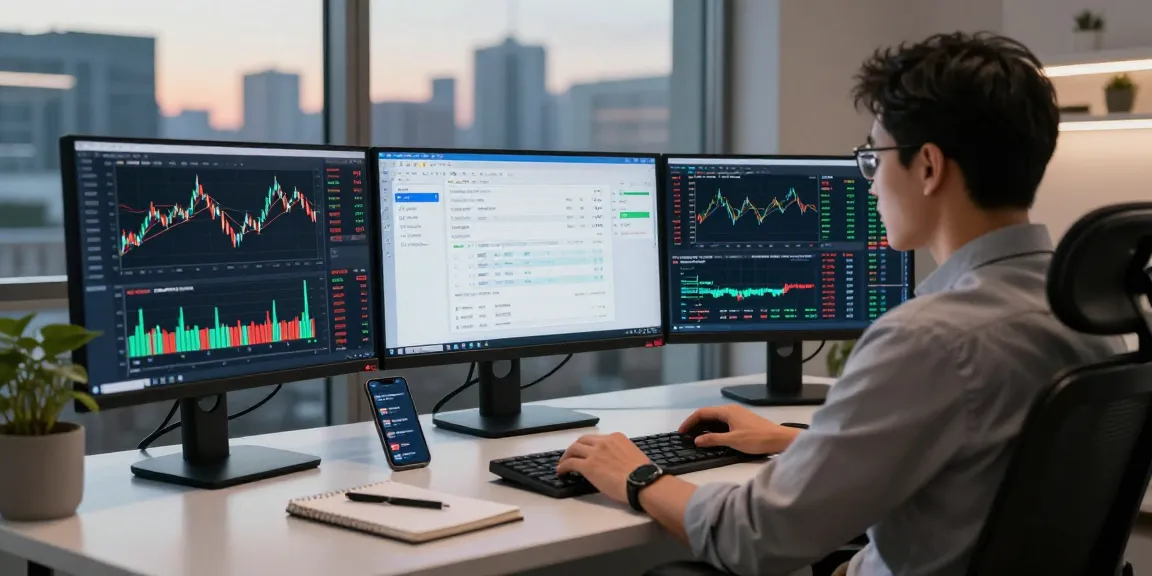 Real-time trading environment showcasing MetaTrader 5 on multiple monitors with technical indicators and market analysis.