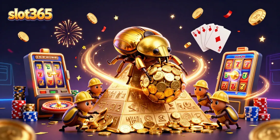 Experience excitement at slot365 with a dynamic 3D beetle casino scene full of winning symbols and gold.