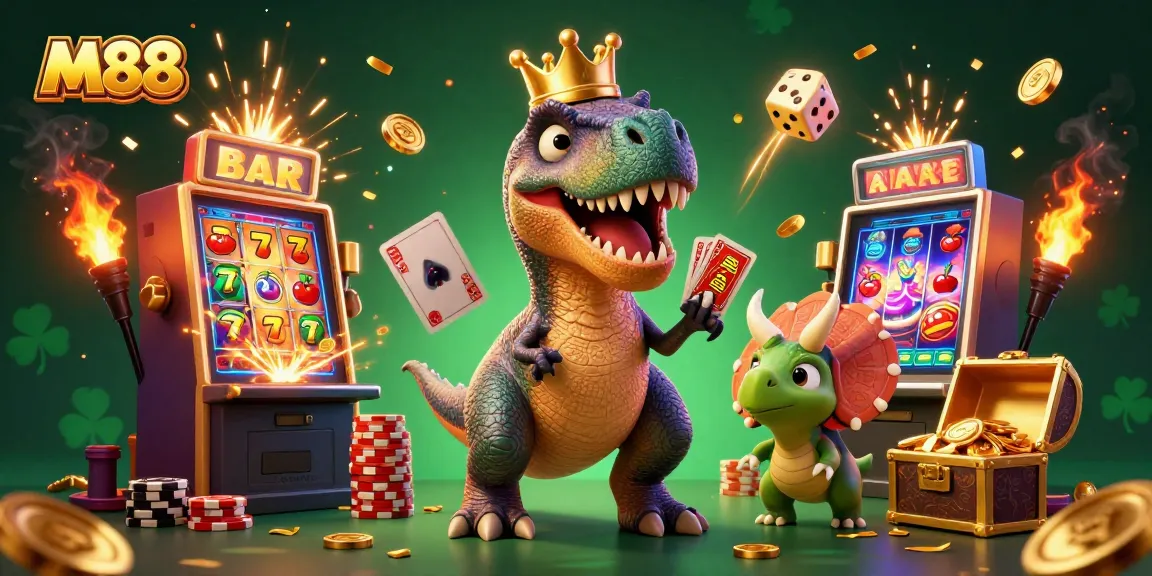 M88 engages players with a fun 3D illustration featuring dinosaurs amidst dynamic casino action.