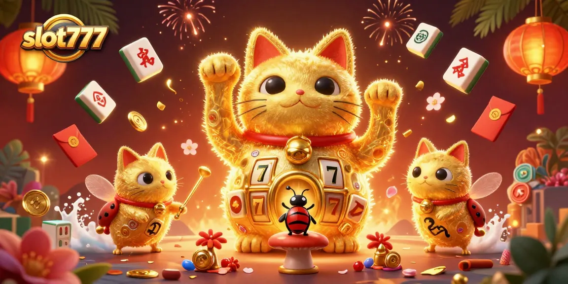 Temukan slot777 yang menggembirakan dengan ilustrasi kucing keberuntungan dan elemen kasino yang berkilau.