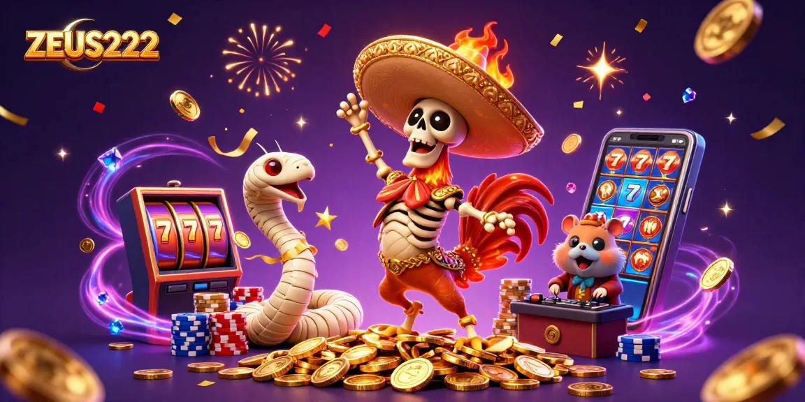 Play slots with ZEUS222 featuring a vibrant cartoony scene of a mariachi rooster and friends in a winning celebration.
