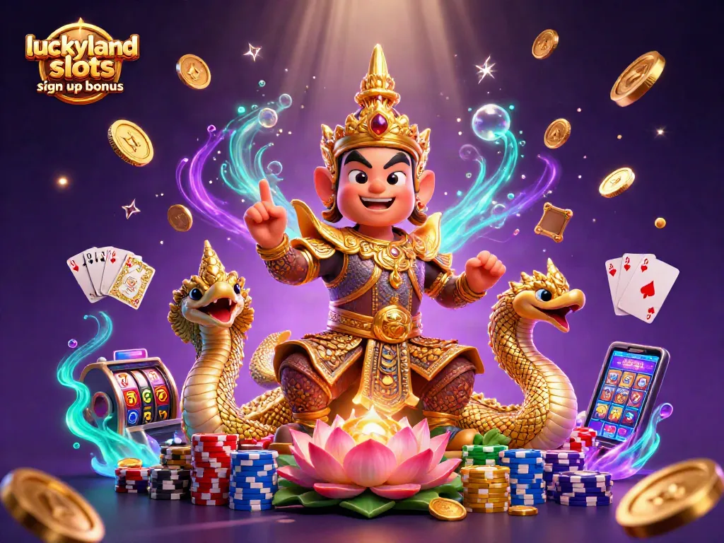 Spin the luckyland slots sign up bonus with vibrant characters and dynamic gaming elements, showcasing a temple guardian, coins, and slot reels.