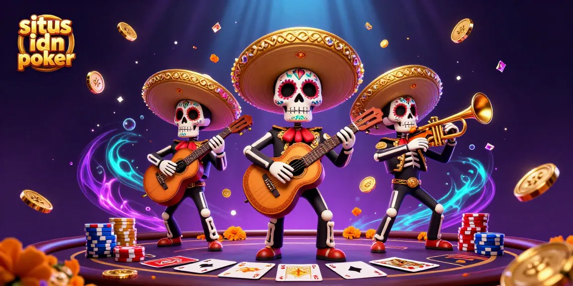 Experience the finest situs idn poker with vibrant skeleton mariachi, poker chips, and winning cards.