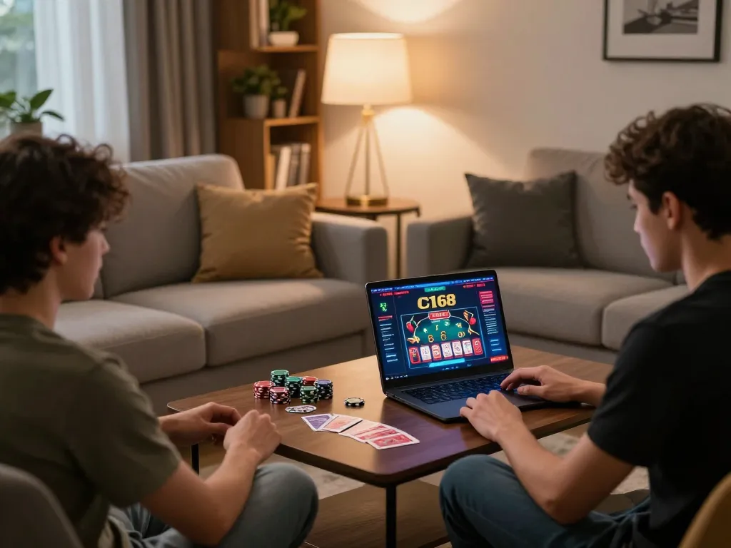 C168 online casino gameplay setup with laptop and poker chips enhancing strategic winning opportunities.