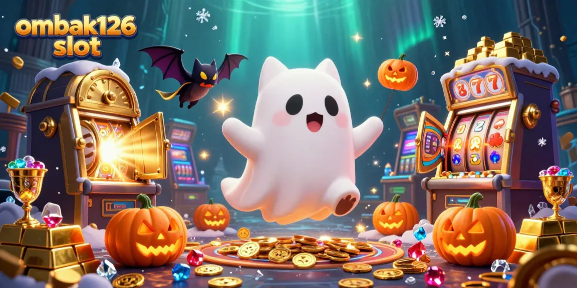 Play the ombak126 slot in a vibrant haunted casino featuring a friendly ghost cat.