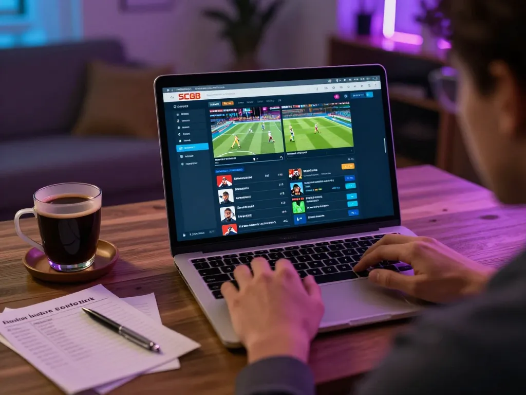 Person engaging in sports betting on SC88 platform at home, surrounded by notes.