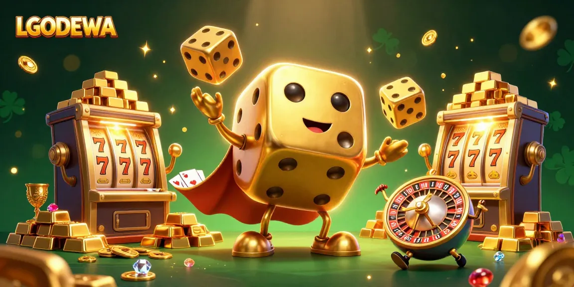 Experience thrilling jackpots with LGODEWA's vibrant slot game scene featuring golden dice, jewels, and excitement.