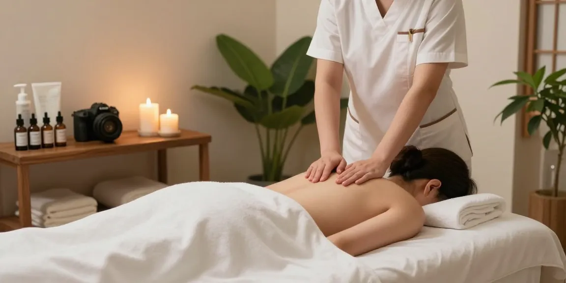 Relaxing 구로마사지 session in a serene spa with calming atmosphere and soothing therapist.