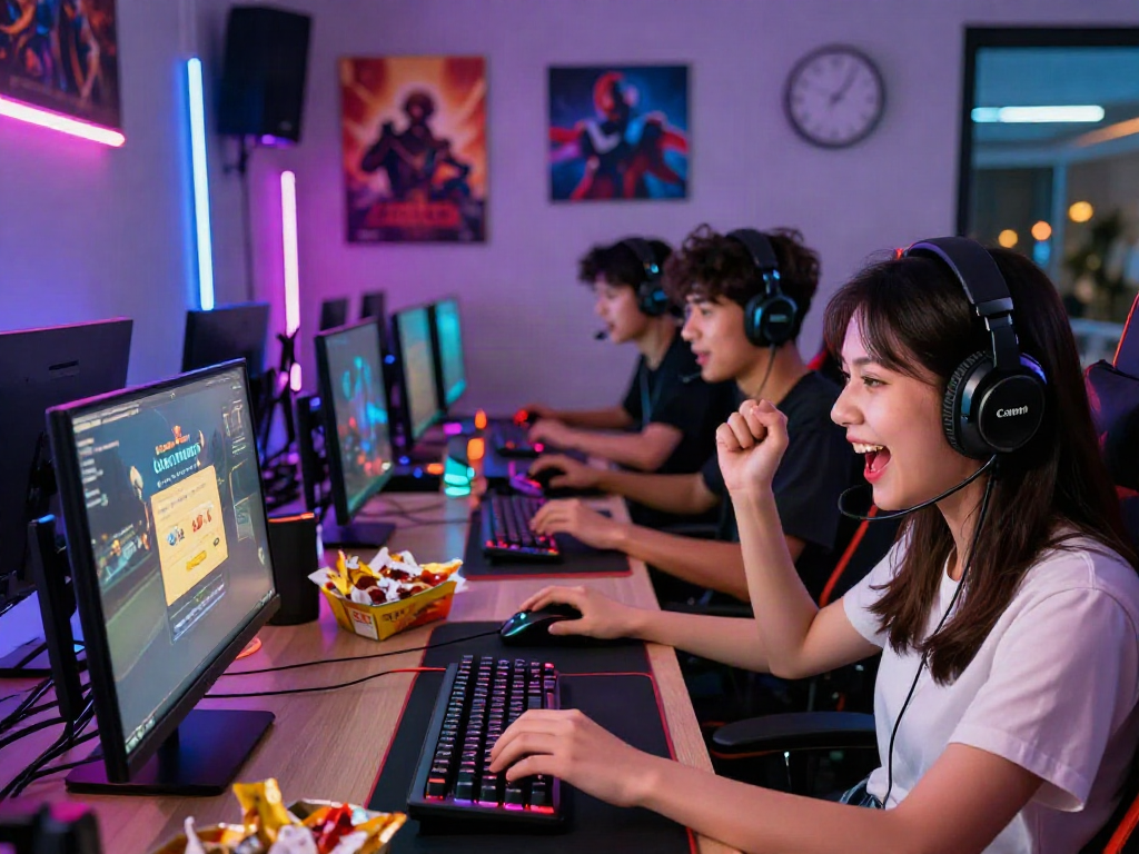 Excited gamers celebrating "bonus new member" alerts in a lively gaming room filled with vibrant LED lights.