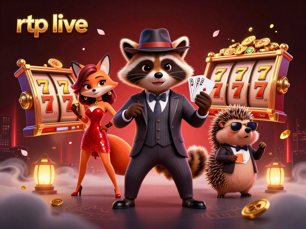 Engage with rtp live as the suave raccoon wins big with a royal flush at a vibrant slot game scene.