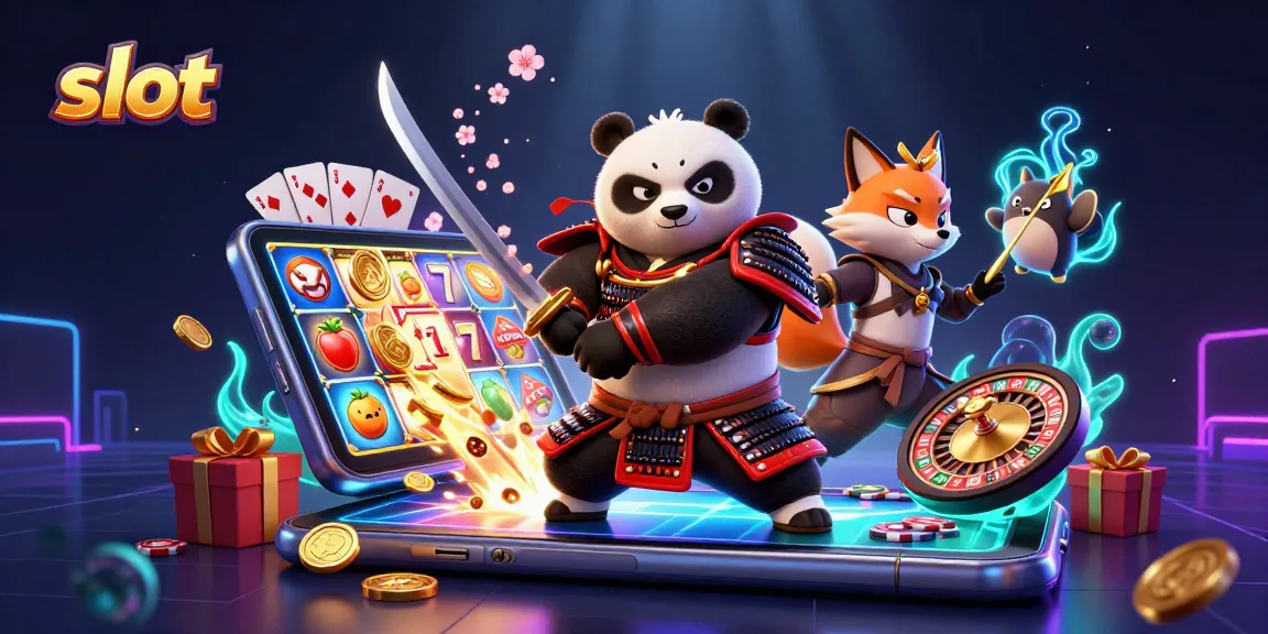 Engage with slot dynamics as a fierce panda and ninja fox explore a vibrant gambling scene.
